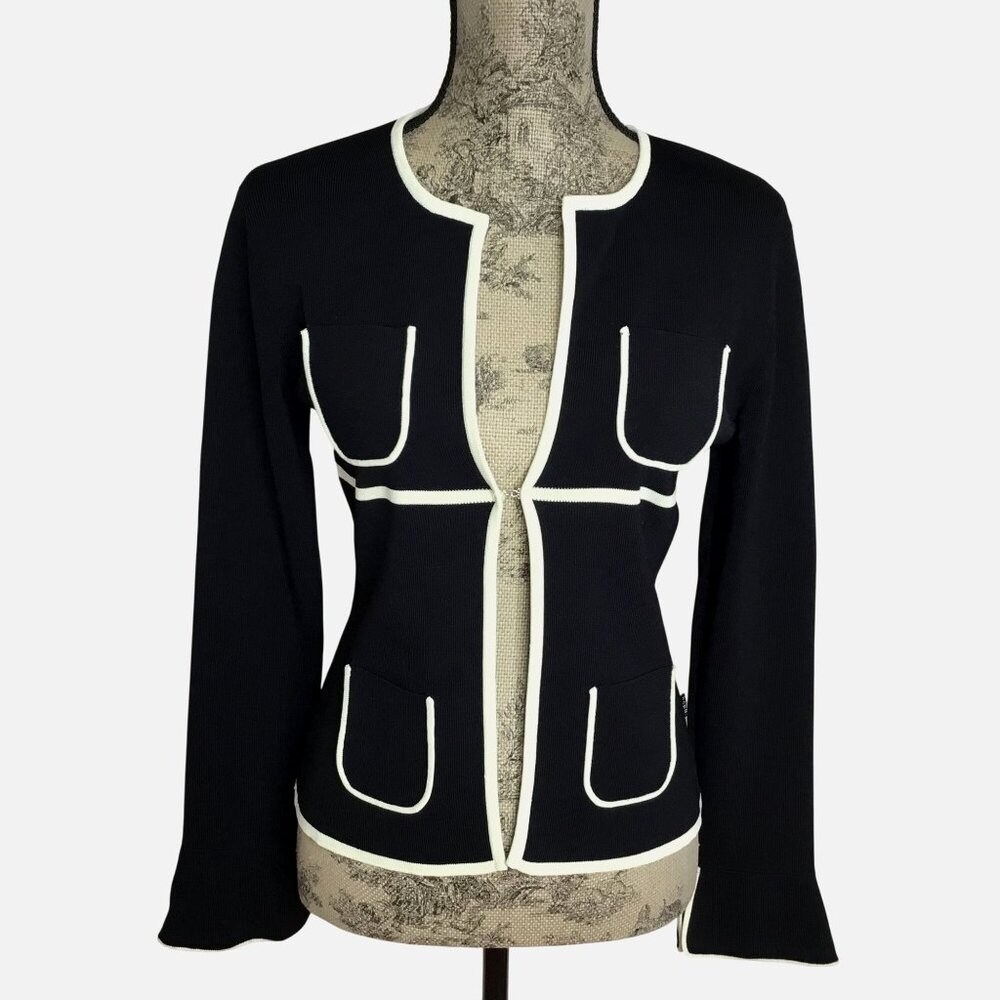 BCBGMAXAZRIA Black & White Open Front Knit Cardigan Sweater With Pockets M
